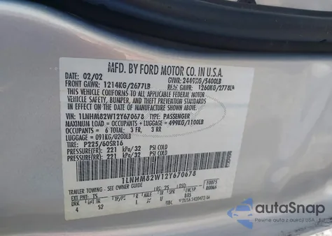 2002 Lincoln Town Car Signature from USA, damaged, VIN 1LNHM82W12Y670678